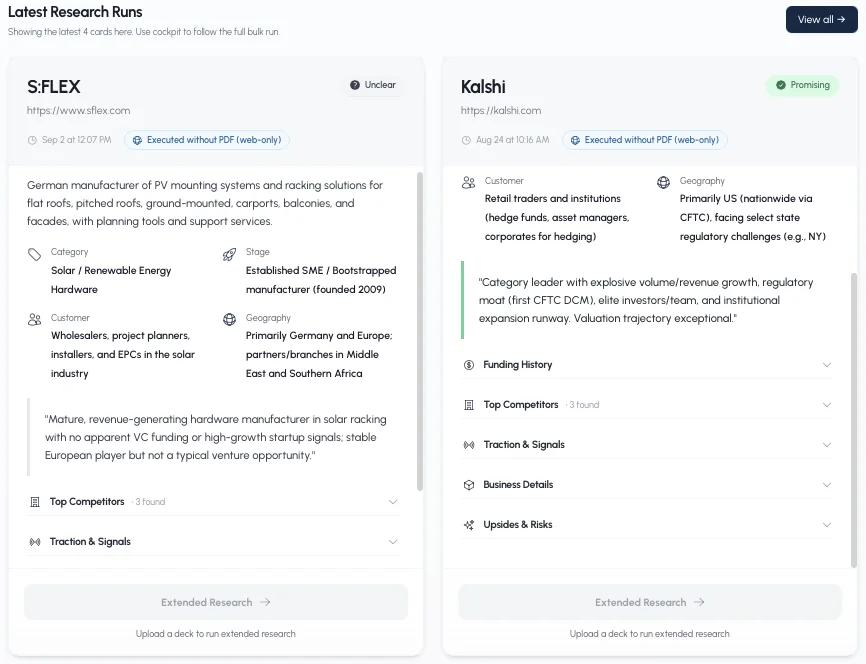 Two Quick Research cards from the same list, one flagged Promising and one flagged Unclear, each with category, stage, customer, geography and an assessment sentence