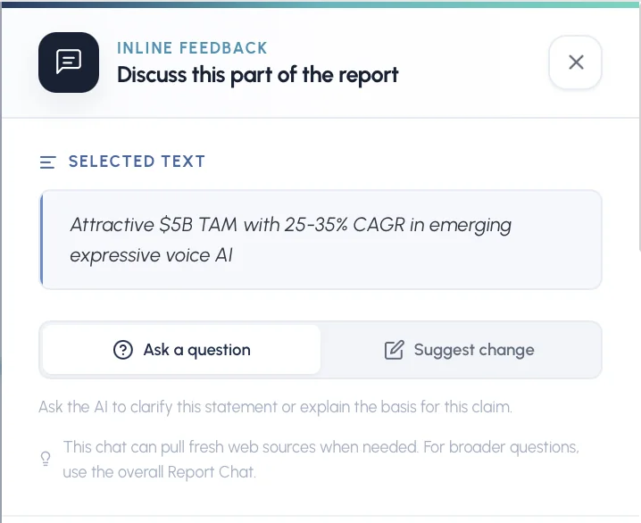 Inline feedback panel showing a selected claim from the report with options to ask a question or suggest a change
