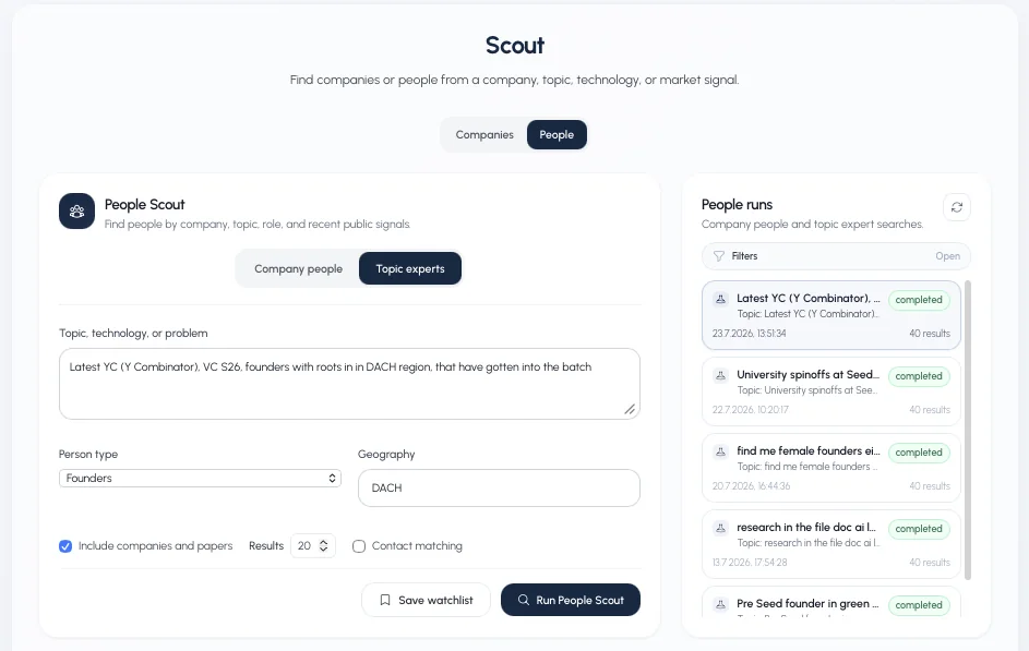 People Scout: find founders and topic experts by topic, person type, geography and recent public signals, with contact matching