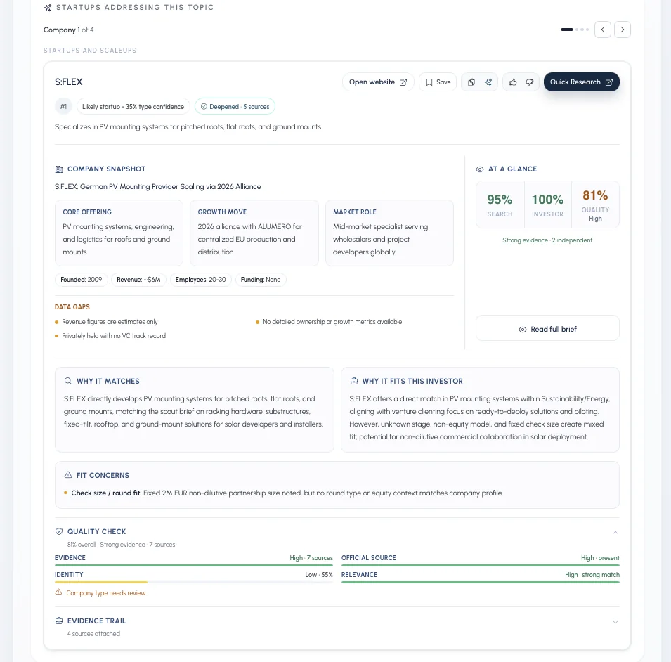 A Scout result for one company showing company snapshot, at-a-glance scores, data gaps, why it matches, why it fits this investor, fit concerns and a quality check