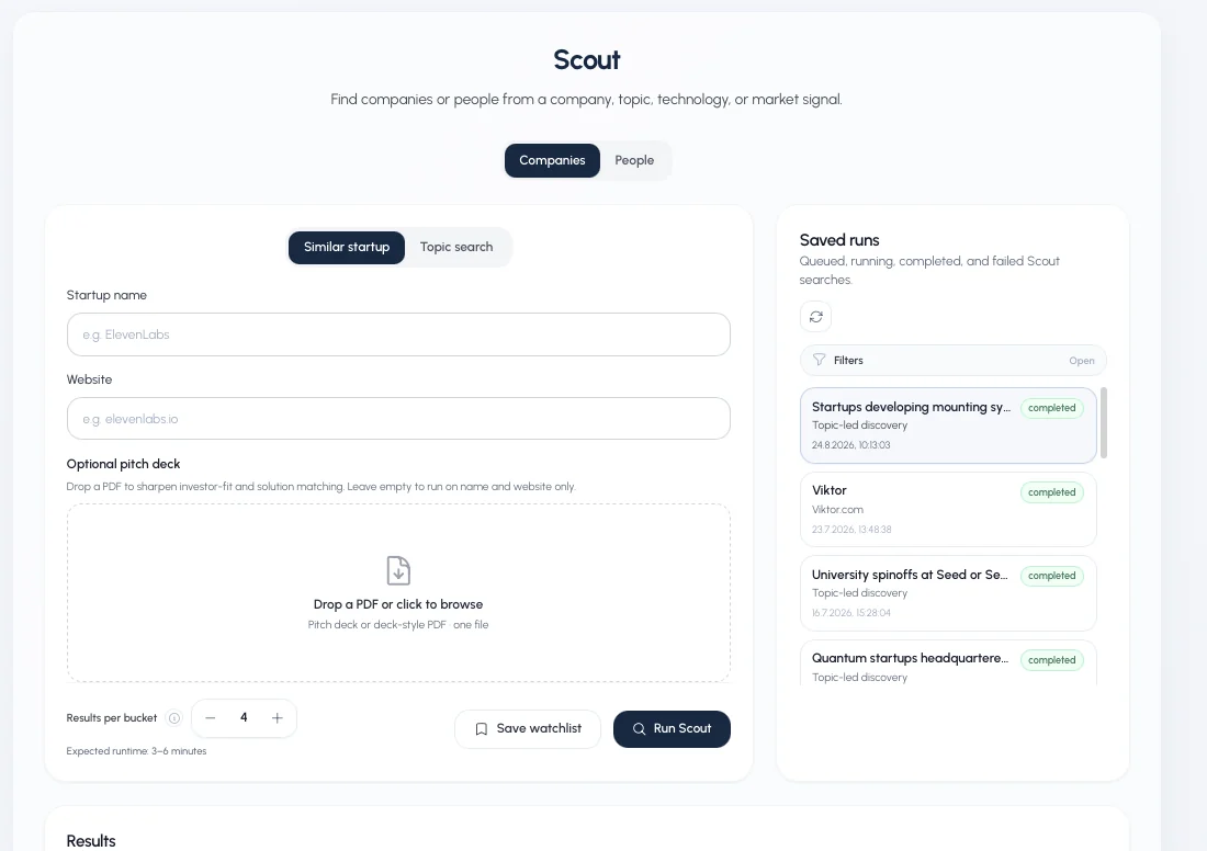 The evalue8 Scout screen: search companies or people by similar startup or topic, with saved runs listed alongside